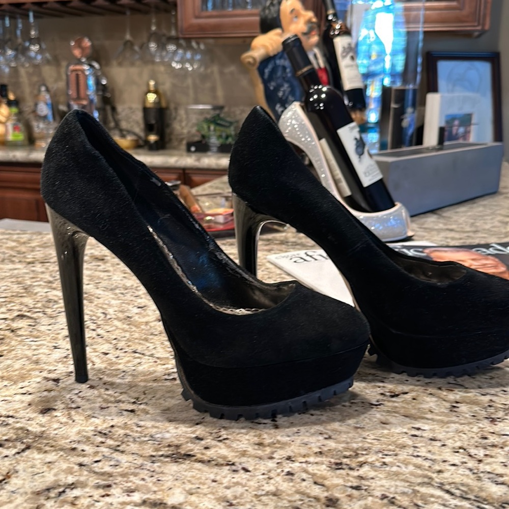 Black suede Bebe 6 inch stiletto sexy sky high heels!
